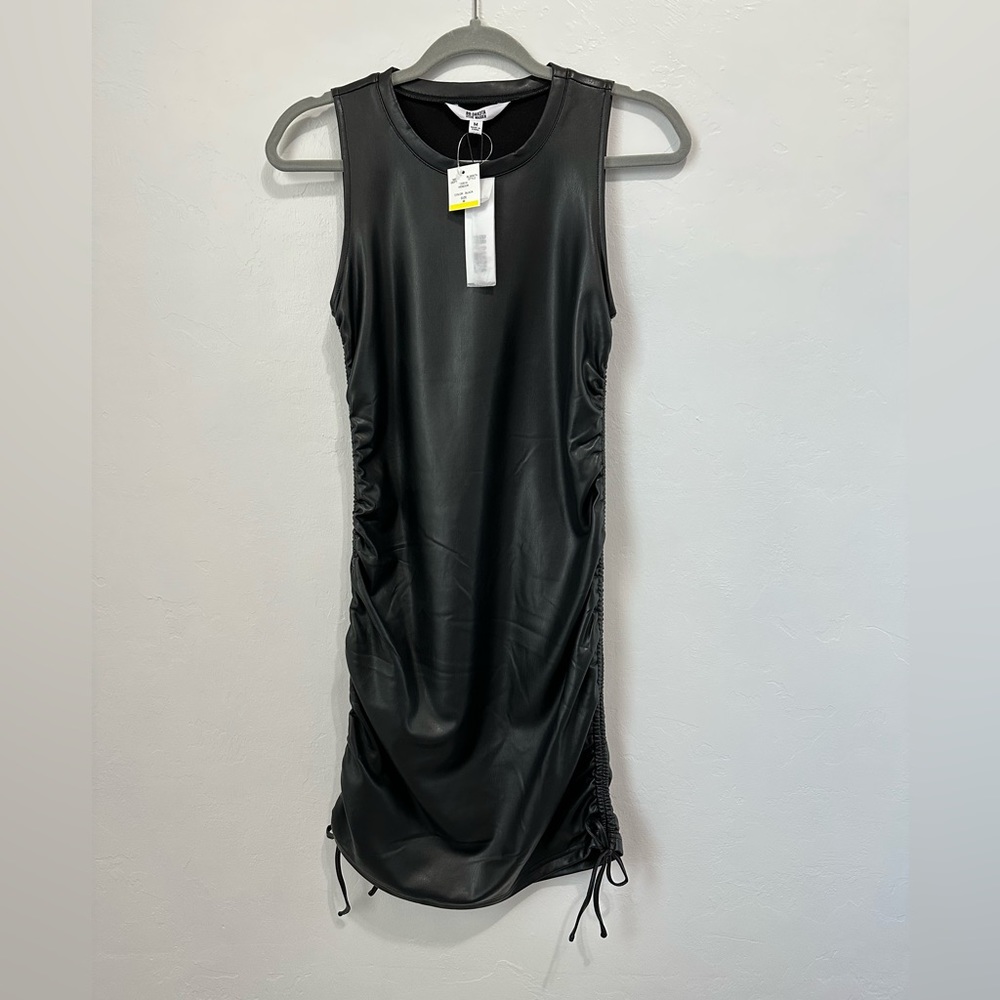 BB Dakota Ruched Faux Leather Black Mini Bodycon Fit Dress Size Medium